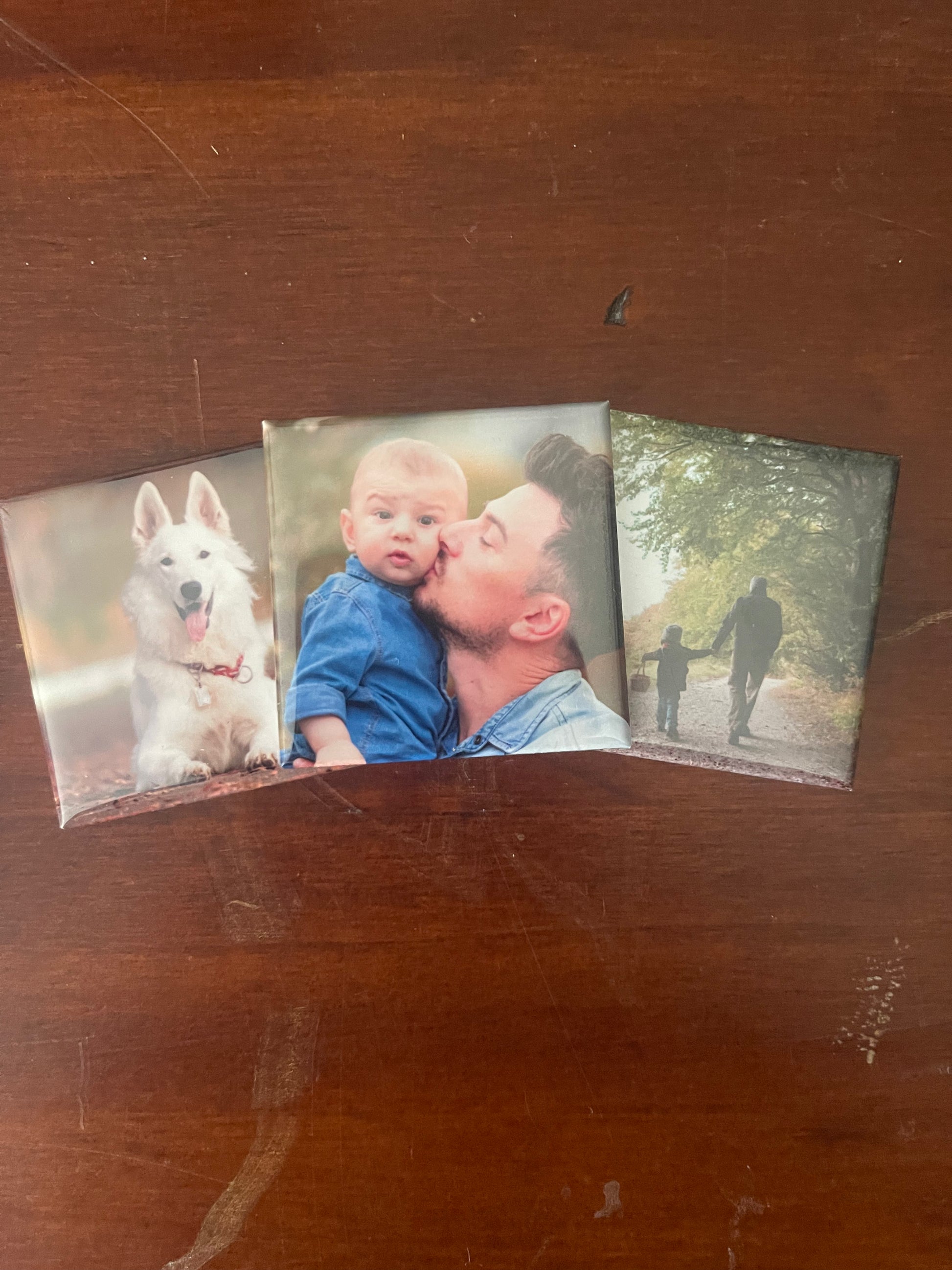 Three photo prints on a wooden surface, featuring a dog, a man and child, and a family.