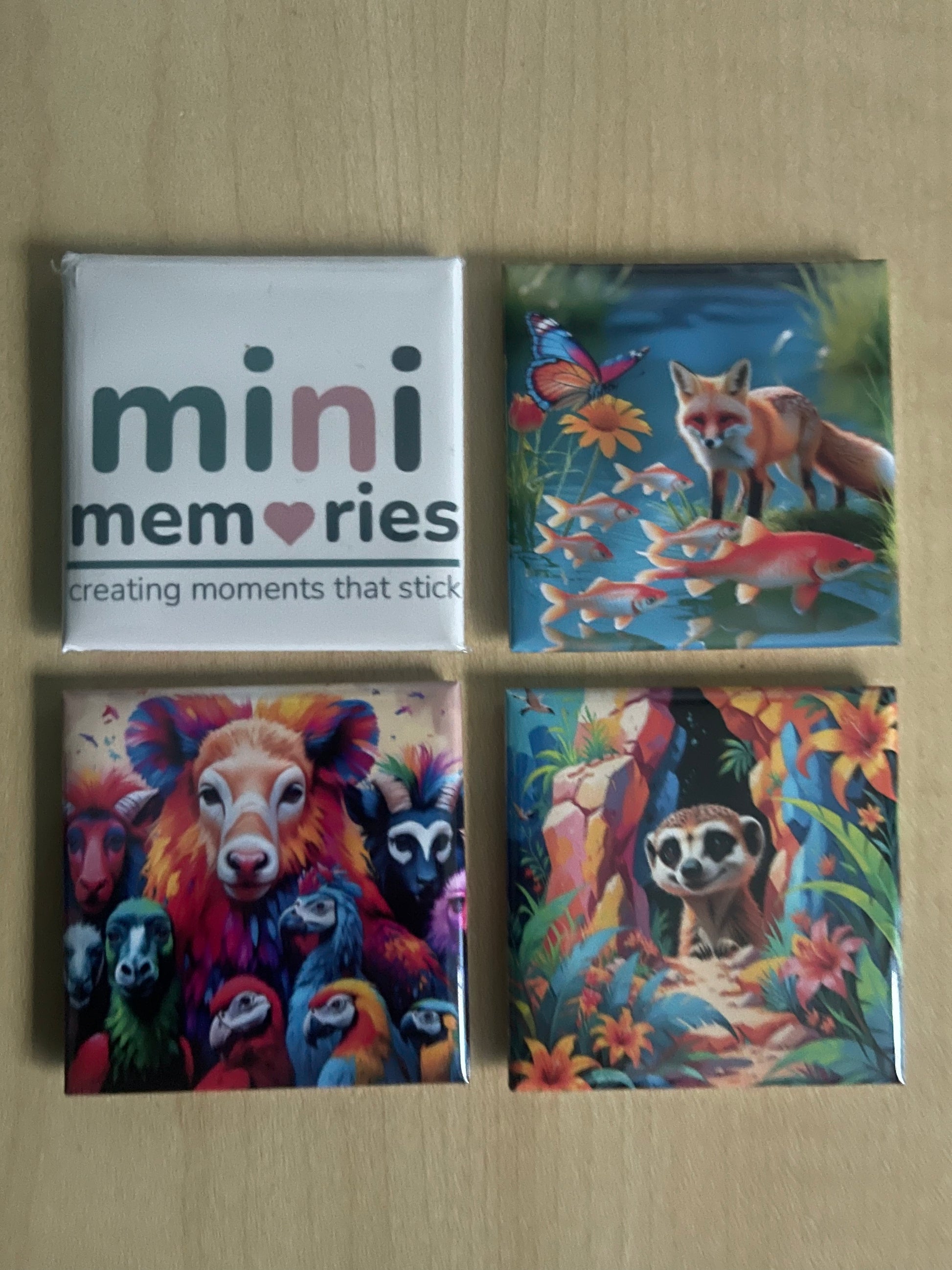 Four colorful card packs with animal illustrations on a wooden surface, featuring the brand 'mini memories'.